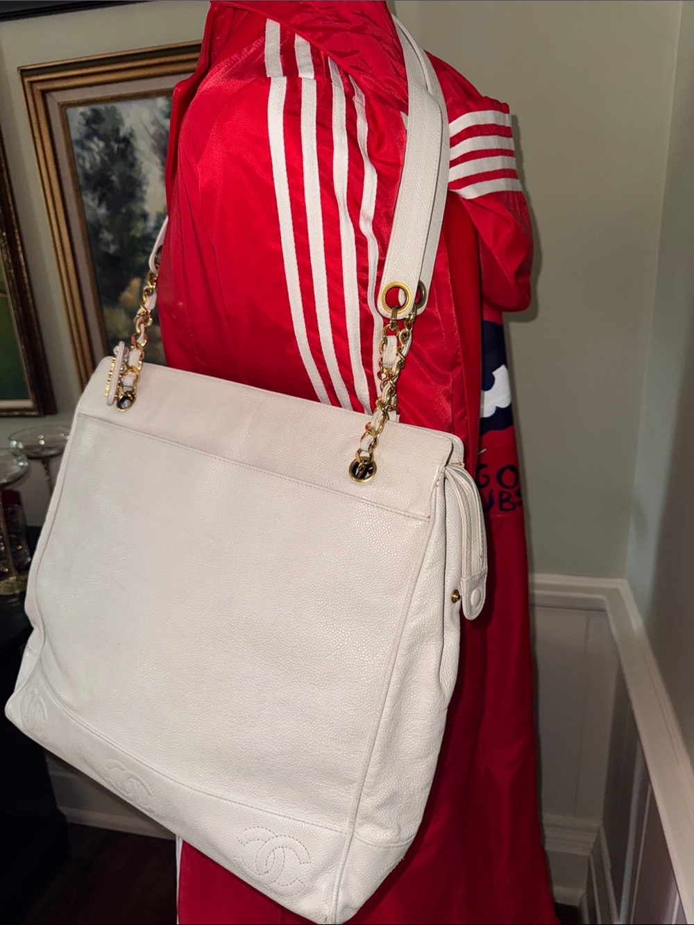 CHANEL XL Vintage Triple CC White Leather Shoulder Tote Bag Purse Gold Chain